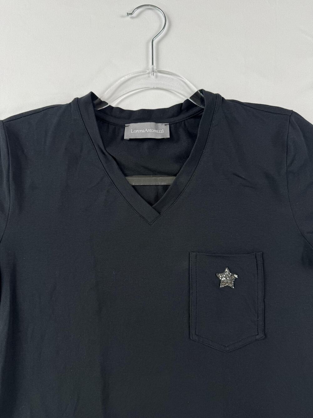 Lorena Antoniazzi Shirt Womens Medium Black Stud Star Pocket Tee Made Italy